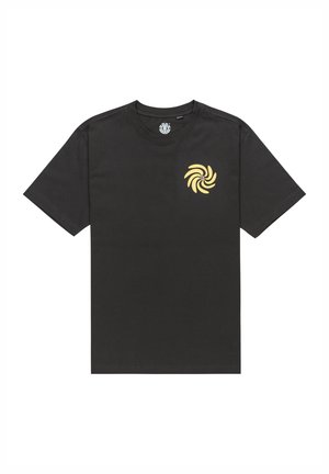 Black short-sleeve t-shirt made of cotton. Features a yellow spiral graphic on the left chest. Crew neckline and relaxed fit.
