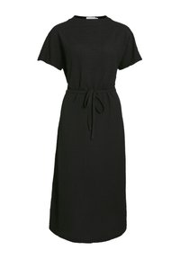 Black midi dress made of textured fabric, featuring short sleeves, a round neckline, and a tied belt at the waist for fit adjustment.