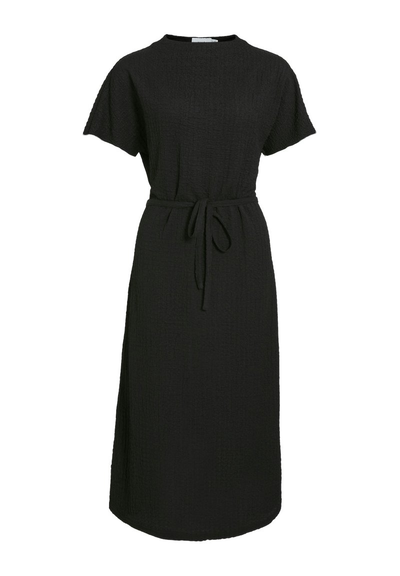 Black midi dress made of textured fabric, featuring short sleeves, a round neckline, and a tied belt at the waist for fit adjustment.