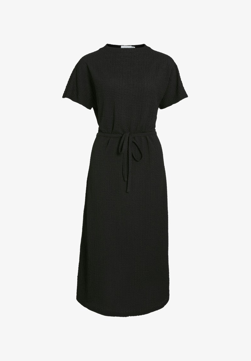 Black midi dress made of textured fabric, featuring short sleeves, a round neckline, and a tied belt at the waist for fit adjustment.