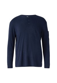 Marineblauwe longsleeve shirt gemaakt van gestructureerde stof. Heeft een ronde hals, een placket met drie knopen en een zijzak op de linker mouw.
