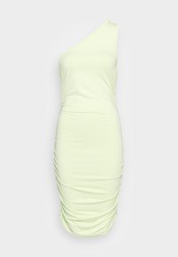 Vestido justo de alça única em tecido verde claro, com franzidos laterais para um toque de textura. Material liso e elástico com um design minimalista.