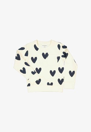 Valkoinen huppari, jossa on tummansinisiä sydäntulosteita, pyöreä kaula-aukko, pitkät hihat, joustavat hihansuut ja helma, jossa on pieni etutasku.