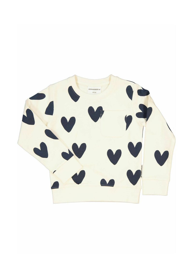 Off-white sweatshirt med marinblå hjärtan, rund halsringning, långa ärmar, ribbade ärmslut och fåll, med en liten ficka framtill.