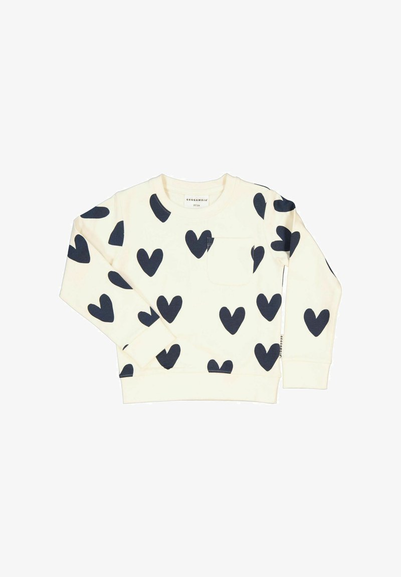 Off-white sweatshirt med marinblå hjärtan, rund halsringning, långa ärmar, ribbade ärmslut och fåll, med en liten ficka framtill.
