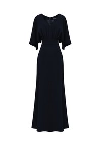 Maxi sukienka w ciemnym granacie, z dekoltem w serek, krótkimi szerokimi rękawami, elastycznym paskiem w talii oraz gładkim materiałem o płynnej sylwetce.