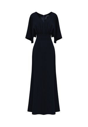 Maxi sukienka w ciemnym granacie, z dekoltem w serek, krótkimi szerokimi rękawami, elastycznym paskiem w talii oraz gładkim materiałem o płynnej sylwetce.