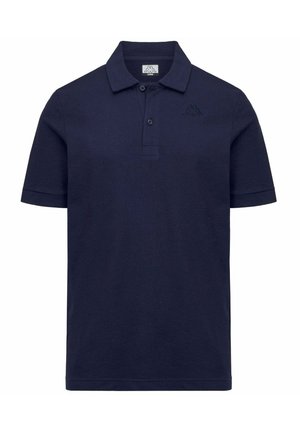 Polo blu navy a maniche corte, con due bottoni sulla patta, colletto piegato e piccolo logo ricamato sul petto sinistro.