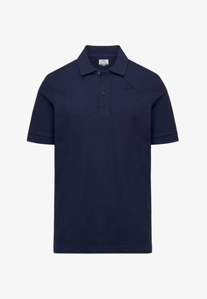 Polo blu navy a maniche corte, con due bottoni sulla patta, colletto piegato e piccolo logo ricamato sul petto sinistro.