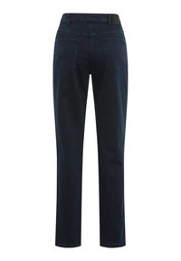 Donkerblauwe denim jeans met een rechte pijpdesign, met twee achterzakken en een standaard tailleband. Gladde textuur, zonder zichtbare patronen.