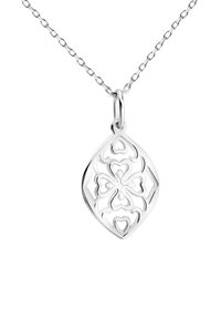 Sterling silver hänge med intrikat hjärt- och blommotivat, fäst vid en fin kedja. Droppformad, med polerad yta.