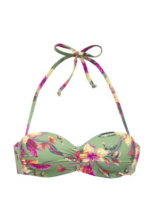 Blüten-Bikini-Oberteil mit grünem Grundton, verziert mit rosa und gelben Blumen. Es hat eine geraffte Vorderseite und verstellbare Bindebänder. Glatte Stofftextur.