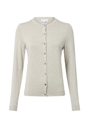 Lichtgrijze cardigan van zachte stof, met lange mouwen, een ronde halslijn en knoopsluiting met kleine, metalen knopen.