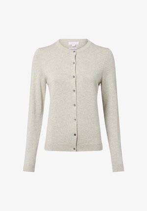 Lichtgrijze cardigan van zachte stof, met lange mouwen, een ronde halslijn en knoopsluiting met kleine, metalen knopen.