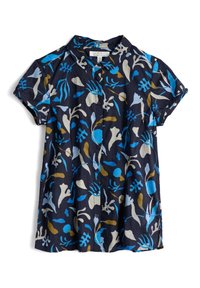 Mörkblå kortärmad skjorta med knappar, i mönster av abstrakta blad och växter i blått, beige och brunt, med krage och upprullade ärmar.