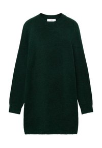 Maglione over-size di colore verde scuro, texture a maglia, scollatura rotonda, maniche lunghe, vestibilità rilassata, senza motivi visibili o accessori.