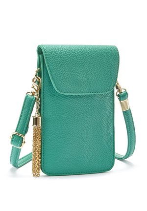 Teal leather crossbody bag with gold hardware, textured finish, magnetic flap closure, and a decorative tassel charm.