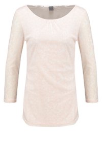 Maglia a maniche lunghe in rosa chiaro con un sottile motivo floreale. Caratterizzata da un collo a barca e una vestibilità rilassata, realizzata in tessuto morbido e elastico.