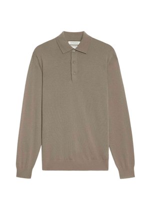 Polo à manches longues en tissu tricoté taupe uni. Caractéristiques d'un col classique et d'une patte de boutonnage à trois boutons. Texture lisse sans motifs visibles.
