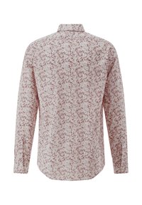 Langarmshirt mit einem hellpinkfarbenen Hintergrund und einem floralen Muster in dunkleren Farbtönen, klassischem Kragen und durchgehender Knopfleiste.