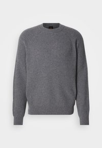 Gray ribbed knit long-sleeve sweater with crew neckline and ribbed cuffs, displayed on a plain white background.