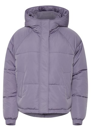 Giacca a vento imbottita di un delicato viola chiaro, con cappuccio, chiusura frontale con zip, tasche laterali e polsini elasticizzati. Texture liscia e trapuntata.
