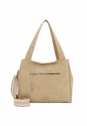 Beežist ristkülikukujuline käekott, millel on topeltrihmad õlale, ees tõmblukuga tasku ning eemaldatav valge ja pruuni triibuline õlarihm.