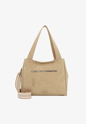 Beežist ristkülikukujuline käekott, millel on topeltrihmad õlale, ees tõmblukuga tasku ning eemaldatav valge ja pruuni triibuline õlarihm.