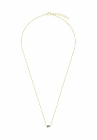 Złoty łańcuszek z delikatnym, finezyjnym wzorem, z małym centralnym akcentem z czarnymi kamieniami i zapięciem typu lobster.