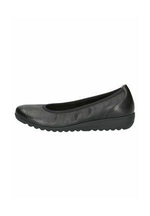 Black leather ballet flat with a round toe, textured upper, flexible sole, and a low, cushioned heel for comfort and ease of wear.