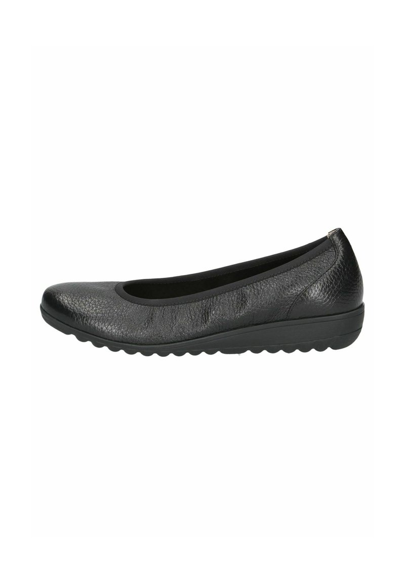 Black leather ballet flat with a round toe, textured upper, flexible sole, and a low, cushioned heel for comfort and ease of wear.