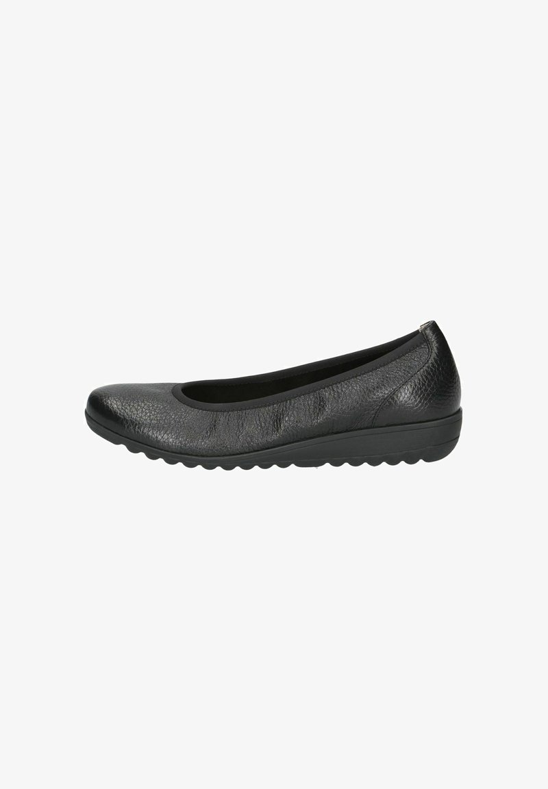 Black leather ballet flat with a round toe, textured upper, flexible sole, and a low, cushioned heel for comfort and ease of wear.