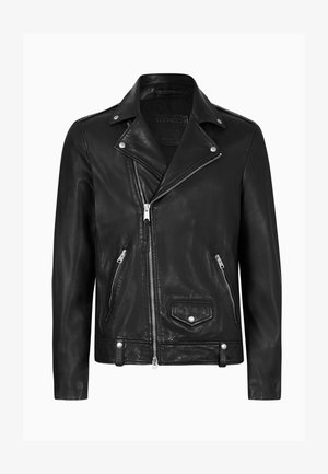 Black leather motorcycle jacket with a classic collar, diagonal front zipper, silver hardware, and zippered side pockets. Smooth texture.
