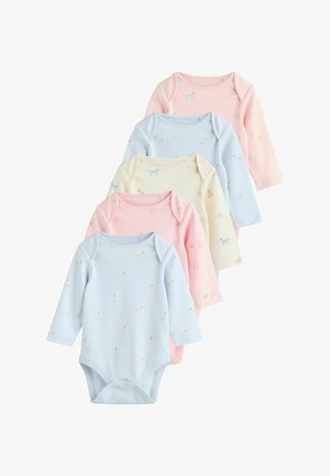 Set de cinci body-uri pentru bebeluși cu mânecă lungă, din bumbac moale; culorile includ roz, albastru și galben, cu modele de animale și închidere cu capse.