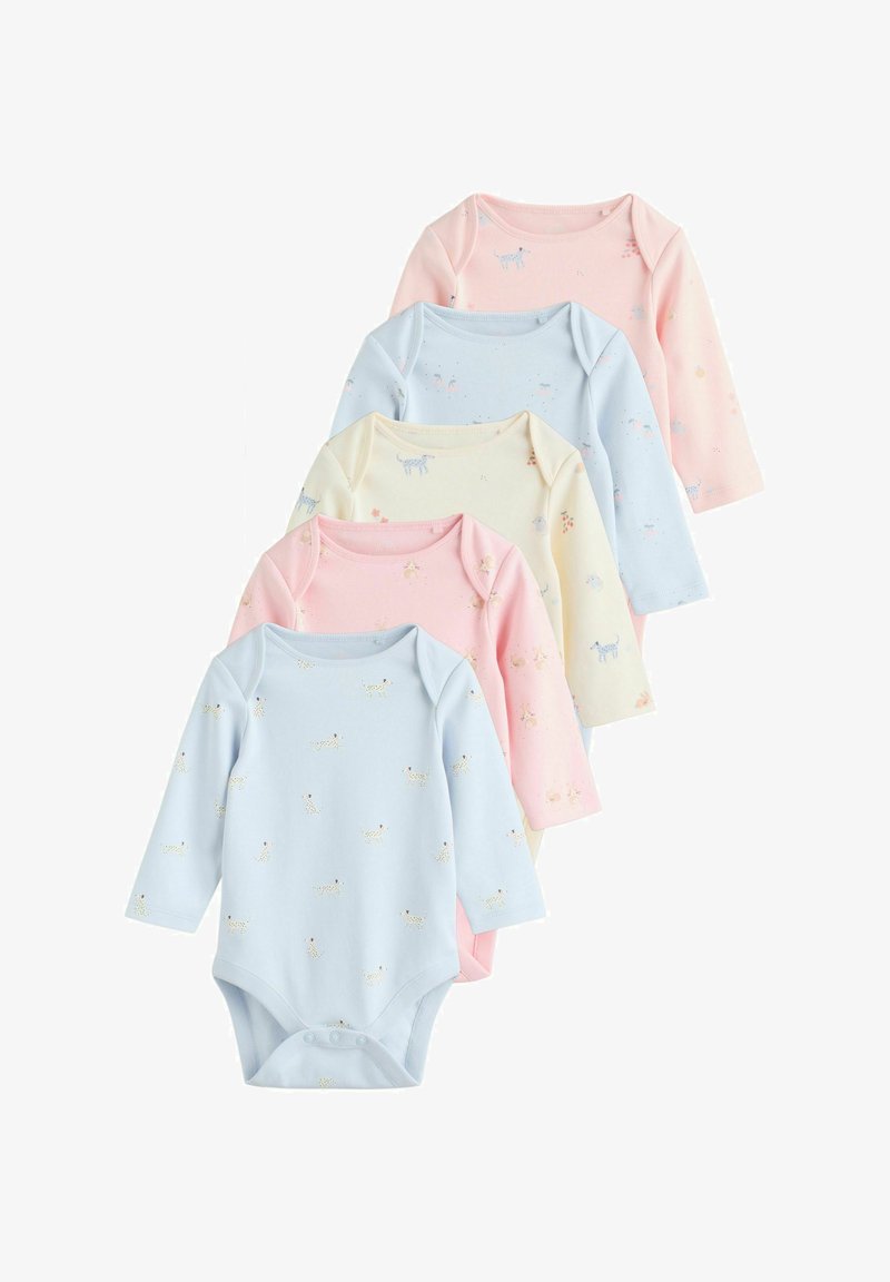 Zestaw pięciu body niemowlęcych z długim rękawem wykonanych z miękkiej bawełny; kolory to różowy, niebieski i żółty, z wzorami zwierząt i zatrzaskami.