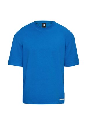 Blue cotton t-shirt with short sleeves, crew neck design, and a small logo accent on the side near the hem. Smooth texture.