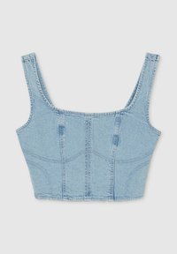 Top corto in denim blu chiaro con spalline larghe, design aderente e dettagli delle cuciture, caratterizzato da una forma strutturata e una texture liscia.