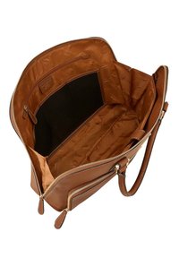 Bruine leren tas met een ruime binnenkant, voorzien van een ritsluiting, gladde textuur en binnenzakken. Voering van lichtbruine stof.