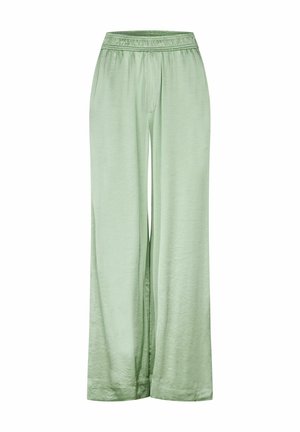 Pantalons larges vert clair avec une taille élastique. Texture lisse et tissu léger, offrant une coupe décontractée et un confort.