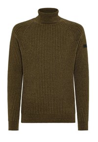 Maglione a collo alto a coste verde oliva con maniche lunghe, forma aderente e finitura texture. Presenta una toppa con logo nero sulla manica.