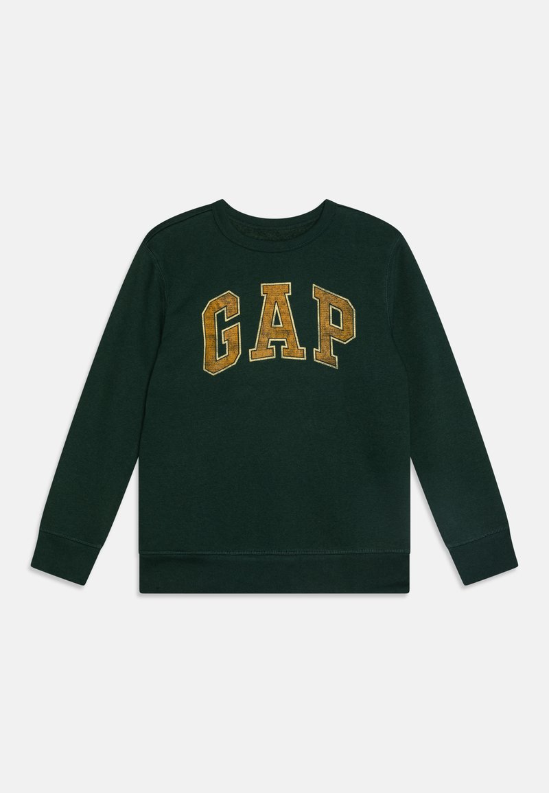 Sweatshirt verde com mangas longas, gola e punhos canelados. Apresenta um grande logo amarelo "GAP" texturizado na frente. Design clássico de pullover.