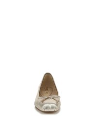 Ballerine argentata metallica con punta arrotondata, dettagli con piccolo fiocco sulla parte anteriore e texture in satin liscio. Suola piatta e design minimalista.