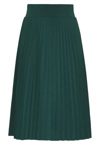 Faltenrock aus einfarbigem, dunkelgrünem Stoff mit hohem Bund und symmetrischen, vertikal verlaufenden Falten.