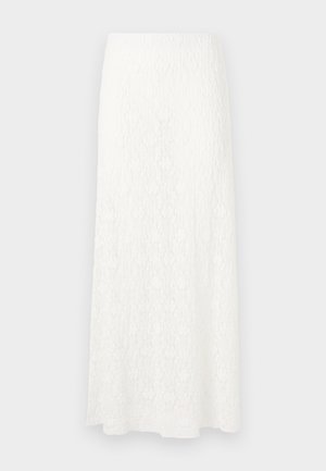 Balts mežģīņu maksi svārki ar teksturētu rakstu, elastīgu jostasvietu un plūstošu formu. Audums izskatās viegls un gaisīgs.