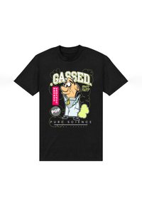 Camiseta de algodón negra con un personaje de dibujos animados con bata de laboratorio, burbujas de texto y gráficos coloridos, que representan "Gasificado" y "Ciencia Pura."