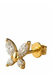 Orecchini a forma di farfalla in oro con pietre chiare a taglio marquise. Finitura lucida con un perno e un supporto per orecchini etichettato "ME."