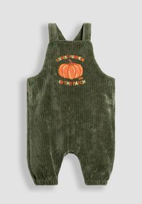 Olivgrüne Corduroy-Latzhose mit orangefarbener Kürbis-Stickerei und dem Text "SÜßESTER KÜRBIS IM FELD." Verfügt über verstellbare Träger und Knöpfe.