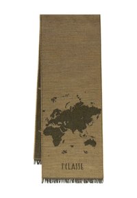 Sciarpa di lana in marrone terroso con disegno della mappa mondiale in verde scuro e bordi con frange. Il testo "T'CLASS" è stampato nella parte inferiore.