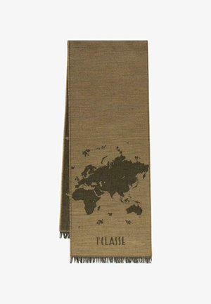 Sciarpa di lana in marrone terroso con disegno della mappa mondiale in verde scuro e bordi con frange. Il testo "T'CLASS" è stampato nella parte inferiore.