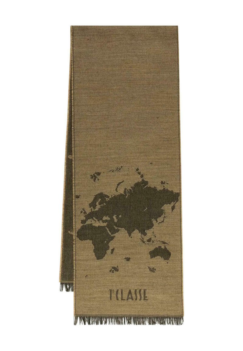 Sciarpa di lana in marrone terroso con disegno della mappa mondiale in verde scuro e bordi con frange. Il testo "T'CLASS" è stampato nella parte inferiore.